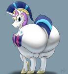  2020 all_fours armor big_butt breastplate butt cutie_mark equid equine feral friendship_is_magic fur half-closed_eyes headgear helmet hi_res horn horse horseshoe looking_at_viewer looking_back male mammal mostly_nude my_little_pony narrowed_eyes presenting presenting_hindquarters rear_view shining_armor_(mlp) smile solo standing thick_thighs tracer_painter unicorn white_body white_fur wide_hips 