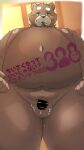  2022 anthro balls belly big_belly blush bodily_fluids brown_body censored genital_fluids genitals hi_res humanoid_hands japanese_text kemono male mammal menmen_kesinn minichin_chubby_day moobs nipples overweight overweight_male penis precum small_penis solo text ursid 