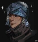  1boy absurdres blue_eyes closed_mouth elden_ring highres looking_at_viewer male_focus portrait scar scar_across_eye signature solo sparkle tarnished_(elden_ring) turban warrior_(elden_ring) yen_(yenyenyen19) 