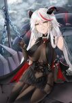  1girl absurdres aegir_(azur_lane) azur_lane bare_shoulders black_cape black_gloves black_legwear bodystocking breast_curtains breasts cape chain covered_navel cross cross-laced_clothes cross_earrings demon_horns earrings elbow_gloves gloves hair_between_eyes highres horns iron_cross jewelry medium_breasts multicolored_hair red_hair sitting streaked_hair tini two-tone_hair underbust white_hair yellow_eyes 