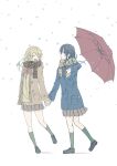  2girls :d ^_^ absurdres aihara_mei aihara_yuzu animal_print black_footwear black_hair blonde_hair blue_coat blush bow bowtie brown_coat brown_scarf brown_skirt citrus_(saburouta) closed_eyes coat facing_another glidesloe green_legwear highres holding holding_hands holding_umbrella kneehighs leopard_print loafers long_sleeves looking_up multiple_girls open_clothes open_coat open_mouth pleated_skirt print_scarf purple_eyes red_bow red_bowtie red_umbrella scarf shoes skirt smile snow snowing step-siblings sweater umbrella yellow_sweater 