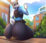  2022 anthro biped building butt canid canine cellphone city clothed clothing colored digital_media_(artwork) disney duo fox fully_clothed fur hi_res judy_hopps ladnelsiya lagomorph leporid looking_at_another looking_back looking_down macro male mammal micro micro_abuse nick_wilde phone police_officer purple_eyes rabbit rear_view shaded sitting smartphone solo_focus squish zootopia 