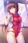  1girl :o ahoge arm_behind_head ass_visible_through_thighs blush breasts brown_hair cameltoe cherry_blossoms covered_navel cowboy_shot highleg highleg_swimsuit highres indoors long_hair looking_away medium_breasts one-piece_swimsuit open_clothes open_shirt original ponytail purple_eyes red_swimsuit shirt sideboob solo swimsuit taut_clothes taut_swimsuit umitonakai white_shirt window 