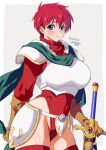  1girl adol_christin armor armored_leotard belt blue_eyes blush brown_gloves commission cowboy_shot dated genderswap genderswap_(mtf) gloves green_scarf grey_background highleg highleg_leotard highres leotard looking_at_viewer pauldrons pixiv_request red_hair red_legwear red_leotard scarf shiny shiny_skin short_hair shoulder_armor signature simple_background solo standing sword thighhighs very_short_hair weapon yajiro_masaru ys 