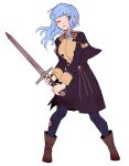  1girl alternate_hairstyle bags_under_eyes bangs black_legwear blue_hair blunt_bangs boots braid brown_eyes brown_footwear buttons crown_braid do_m_kaeru epaulettes eyebrows_visible_through_hair fire_emblem fire_emblem:_three_houses floating_hair full_body garreg_mach_monastery_uniform holding holding_sword holding_weapon injury long_sleeves marianne_von_edmund one_eye_closed pantyhose short_hair simple_background solo sword torn_clothes torn_legwear uniform weapon white_background 