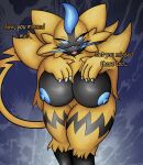  absurd_res anthro big_breasts blue_eyes blue_nipples breasts claws dialogue digital_media_(artwork) english_text fangs felid female fur genitals glowing glowing_eyes hi_res legendary_pok&eacute;mon looking_at_viewer mammal neksu nintendo nipples nude open_mouth pok&eacute;mon pok&eacute;mon_(species) pussy solo standing text video_games whiskers yellow_body yellow_fur zeraora 