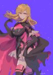  1girl armor bangs black_footwear black_gloves blonde_hair blue_background blush boots breasts brown_eyes cape cleavage_cutout closed_mouth clothing_cutout cowboy_shot elbow_gloves fes4 fire_emblem fire_emblem:_genealogy_of_the_holy_war gloves hand_on_own_chest lachesis_(fire_emblem) long_hair looking_at_viewer medium_breasts official_alternate_costume shoulder_armor simple_background smile solo sword thigh_boots thighhighs torn_cape torn_clothes twitter_username weapon zettai_ryouiki 