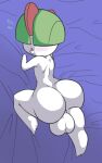  2_horns all_fours balls bed big_balls blush furniture genitals green_hair hair hair_over_eyes horn humanoid kneeling_on_bed looking_at_viewer looking_back lying male male_focus nintendo not_furry on_bed on_front open_mouth pok&eacute;mon pok&eacute;mon_(species) ralts solo surprise unknown_artist video_games white_body young 