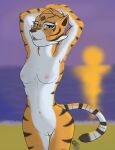  anthro blush breasts c-r-s digital_media_(artwork) dreamworks felid female fur genitals hi_res kung_fu_panda looking_at_viewer mammal master_tigress nipples nude open_mouth outside pantherine pussy sea seaside simple_background sky smile solo sunset tiger water 