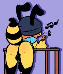  2020 anthro arthropod balls bee bent_over bent_over_table big_penis butt casual_exposure clothed clothing distracted genitals giovanni_(rabblet) hat headgear headwear hymenopteran insect male partially_clothed penis rabblet solo solo_focus yellow_body 