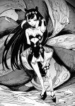  1girl bangs collarbone detached_sleeves dress flat_chest floating_hair fur_choker greyscale hair_behind_ear half-closed_eyes hand_in_own_hair highres hololive hololive_english long_hair longlong_(drasdr7513) low_wings monochrome ninomae_ina&#039;nis platform_footwear pointy_ears single_detached_sleeve single_thighhigh smile solo standing strapless strapless_dress tentacles thighhighs tongue tongue_out tube_dress very_long_hair virtual_youtuber wings 