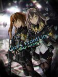  2girls bangs black_gloves black_legwear black_skirt brown_eyes brown_hair character_name commentary_request copyright_name expressionless feet_out_of_frame fingerless_gloves girls&#039;_frontline gloves grey_hair gun h&amp;k_ump45 h&amp;k_ump9 hair_between_eyes hair_ornament hairclip highres holding holding_gun holding_weapon jacket knee_pads long_hair looking_at_viewer multiple_girls one_side_up pantyhose pleated_skirt scar scar_across_eye scar_on_face shirt sister_is_mine9 skirt twintails ump45_(girls&#039;_frontline) ump9_(girls&#039;_frontline) weapon white_shirt 