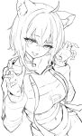  1girl absurdres animal_ears bangs breasts cat_ears cat_girl claw_pose collarbone cowlick drawstring eyebrows_visible_through_hair greyscale highres hololive hood hoodie large_breasts monochrome myung_yi navel nekomata_okayu open_mouth short_hair sketch smile solo tongue tongue_out unfinished virtual_youtuber white_background 