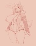  2022 abs anthro band-aid bandage big_breasts black_nose breasts canid canine clothed clothing conditional_dnp curvy_figure dialogue female fluffy fluffy_tail hi_res hoodie horn huge_breasts hybrid mammal monochrome muscular muscular_female navel open_clothing open_hoodie open_topwear panties portrait side_boob simple_background sketch smile solo speech_bubble thick_thighs three-quarter_portrait topwear underwear voluptuous wynter wyntersun 