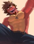  absurd_res anthro athletic athletic_anthro athletic_male belt bottomwear brown_hair clothed clothing draftgon dragon eyebrows hair hi_res horn jewelry low-angle_view male necklace open_mouth pants red_body scalie solo teeth tongue tongue_out topless yellow_eyes 