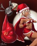  1girl 2others abs alternate_costume barefoot breasts cape christmas cleavage dark-skinned_female dark_skin english_commentary guilty_gear guilty_gear_strive hat highres long_hair lucifero medium_breasts miniskirt multiple_others orange_eyes paw_pose platinum_blonde_hair poopman ramlethal_valentine red_cape red_headwear red_ribbon red_skirt ribbon sack santa_costume santa_hat sharp_teeth skirt strapless sweat sweating_profusely teeth thigh_strap toned tube_top underboob 