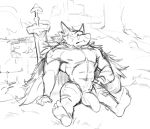  abs anthro balls big_penis blaidd_(elden_ring) canid canine canis darkgem elden_ring fromsoftware genitals male mammal melee_weapon monochrome muscular muscular_anthro muscular_male nipples pecs penis scar sitting sketch solo sword video_games weapon wolf 