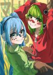  2girls aqua_eyes aqua_hair arms_up azusa_(azunyan12) brown_gloves eyebrows_behind_hair facial_mark from_behind gloves green_eyes green_hair green_jacket grin gumi hair_between_eyes hatsune_miku headphones highres hood hoodie jacket long_bangs long_hair long_sleeves looking_at_viewer looking_back matryoshka_(vocaloid) multiple_girls red_hoodie smile twintails very_long_hair vocaloid zipper_pull_tab 