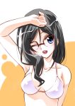  1girl arm_up bikini black_hair blue_eyes breasts commentary_request eyebrows_visible_through_hair glasses hair_between_eyes halterneck hand_on_own_head hibike!_euphonium long_hair looking_at_viewer medium_breasts one_eye_closed open_mouth over-rim_eyewear red-framed_eyewear semi-rimless_eyewear senomoto_hisashi smile solo swimsuit tanaka_asuka upper_body white_background white_bikini 