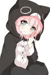  1girl animal_ears animal_hood bangs black_pajamas blue_eyes blush buttons cat_ears cat_hood cat_pajamas closed_mouth commentary dot_nose eyebrows_visible_through_hair fake_animal_ears hand_up hood hood_up hooded_pajamas looking_at_viewer minatsuki_hitoka pajamas pink_hair simple_background smile solo split_mouth white_background yoshikawa_chinatsu yuru_yuri 