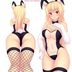  animal_ear_fluff animal_ears ass bangs black_hairband black_leotard blonde_hair blush breasts cat_ears cat_girl cleavage cowboy_shot elbow_gloves english_commentary eyebrows_visible_through_hair fake_animal_ears fake_tail fishnet_legwear fishnets gloves hairband hand_on_own_chest highres large_breasts leotard long_hair looking_at_viewer multiple_views nottytiffy original parted_lips patreon_username playboy_bunny rabbit_ears rabbit_tail red_eyes see-through simple_background solo tail thighhighs thighs tiffy_(nottytiffy) white_background white_gloves 
