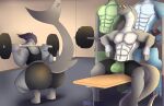  anthro big_butt butt clothed clothing eyewear fish girly glasses gloves group gym handwear hi_res male male/male marine muscular muscular_anthro muscular_male photolol.03 reptile scalie shark simple_background snake squats thick_thighs trash wide_hips 