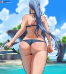  1girl ass beach bikini blue_bikini blue_hair blue_sky blurry blurry_background cloud cloudy_sky eiyuu_densetsu highres holding holding_sword holding_weapon keisukeaero laura_s._arseid long_hair outdoors ponytail sen_no_kiseki shorts sky solo swimsuit sword weapon 