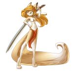  anthro barefoot blonde_hair bottomwear breasts clothed clothing feet female fur green_eyes hair inuxi loincloth mammal melee_weapon nippleless partially_clothed rodent sciurid sedrik_the_squirrel solo sword topless topless_anthro topless_female tree_squirrel weapon yellow_body yellow_fur 