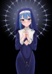 1girl absurdres bangs blue_eyes blue_hair breasts comet commentary cross cutout_above_navel dress eyebrows_visible_through_hair habit hair_between_eyes highres hololive hoshimachi_suisei kuon_bb long_hair long_sleeves looking_at_viewer medium_hair navel nun small_breasts smile solo star_(symbol) star_in_eye symbol_in_eye virtual_youtuber 