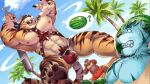  3boys abs ass_visible_through_thighs bara bat beach bear_boy bernard_(gyee) biceps blue_fur buried chest_harness closed_eyes cloud cloudy_sky covered_eyes crotch_plate day fangs food fruit furry furry_male gyee hachi_(gyee) happy harness headband kumahachi large_pectorals looking_up male_focus male_swimwear moon_(gyee) multiple_boys muscular muscular_male navel navel_hair nervous nipples official_art open_mouth palm_tree pectorals plump sand scar scar_on_chest scar_on_face sky smile speech_bubble sweat sweatdrop thick_arms thick_eyebrows thick_thighs thighs tiger_boy topless topless_male tree watermelon 