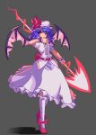  1girl bangs bat_wings bow closed_mouth eyebrows_visible_through_hair footwear_bow full_body grey_background hat hat_ribbon holding holding_weapon looking_at_viewer lowres mob_cap pixel_art potemki11 purple_hair red_bow red_eyes red_ribbon remilia_scarlet ribbon shirt short_hair simple_background skirt solo spear_the_gungnir standing tongue tongue_out touhou weapon white_headwear white_shirt white_skirt wings 