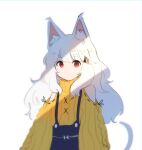  1girl absurdres animal_ear_fluff animal_ears bangs bare_shoulders blunt_bangs cat_ears cat_girl cat_tail clothing_cutout commentary eyebrows_visible_through_hair hair_ornament hairclip highres long_hair long_sleeves looking_at_viewer neqo_(character) neqo_(neneneqo) original overalls red_eyes shoulder_cutout solo sweater symbol-only_commentary tail white_background white_hair yellow_sweater 