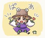  1girl animal animal_print blonde_hair blush brown_eyes brown_headwear flower frog frog_print full_body hat holding holding_flower medium_hair moriya_suwako open_mouth pink_flower purple_skirt purple_vest rokugou_daisuke signature skirt sleeves_past_fingers sleeves_past_wrists smile solo touhou vest white_flower 