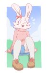  anthro bottomwear breasts cheek_tuft clothed clothing day facial_tuft female footwear fully_clothed fur grass hi_res lagomorph leporid mammal open_mouth open_smile outside plant rabbit rolo_stuff shoes signature sitting skirt smile solo tuft white_body white_fur 
