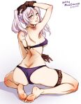  1girl artist_name ass barefoot bikini blush breasts butt_crack dated feet fire_emblem fire_emblem_heroes from_behind gloves long_hair looking_at_viewer looking_back mina_cream o-ring o-ring_bikini o-ring_top robin_(fire_emblem) robin_(fire_emblem)_(female) smile soles solo squatting swimsuit toes twintails white_hair 