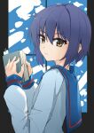  1girl bangs blue_sailor_collar book brown_eyes denpajin-ryuushi expressionless eyebrows_visible_through_hair hair_between_eyes highres holding holding_book kita_high_school_uniform long_sleeves looking_at_viewer looking_to_the_side nagato_yuki purple_hair sailor_collar school_uniform serafuku short_hair solo suzumiya_haruhi_no_yuuutsu upper_body 