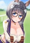  1girl absurdres animal_ears black_hair blue_eyes blurry blurry_background braid breasts cleavage collar collarbone commentary_request common_race_outfit_(umamusume) factory314 glasses heavy_breathing highres horse_ears large_breasts racetrack side_braid solo sweat umamusume zenno_rob_roy_(umamusume) 