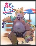  2022 absurd_res anthro beach belly blush bulge clothed clothing domestic_cat eyewear felid feline felis hi_res japanese_text kemono male mammal maysnowos moobs navel nipples open_clothing open_shirt open_topwear outside seaside shirt sitting solo sunglasses text topwear underwear underwear_festival 