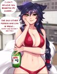  1girl ahri_(league_of_legends) animal_ears bangs bare_shoulders bikini blushy-pixy breasts cleavage facial_mark fox_ears fox_tail hand_up highres large_breasts league_of_legends long_hair looking_at_viewer multiple_tails red_bikini solo speech_bubble swimsuit tail vastaya whisker_markings 