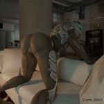  3d_(artwork) alien animated bent_over blue_flesh butt digital_media_(artwork) female furniture inviting mandibles mass_effect plated_scales presenting presenting_hindquarters scoota shaking_butt sofa solo turian valenea_oroso video_games 