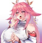  1girl absurdres animal_ears bare_shoulders blush breasts covered_nipples detached_sleeves earrings fellatio_gesture floppy_ears fox_ears fox_shadow_puppet genshin_impact hair_between_eyes highres japanese_clothes jewelry kurenaiz1 large_breasts long_hair looking_at_viewer nontraditional_miko open_mouth pink_hair purple_eyes shirt sleeveless sleeveless_shirt solo tongue tongue_out upper_body white_shirt yae_miko 