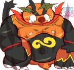  2022 anthro balls belly big_belly black_body blush emboar genitals kemono leaf male minichin_chubby_day nintendo orange_body overweight overweight_male penis pok&eacute;mon pok&eacute;mon_(species) small_penis solo tanukizanpika video_games 