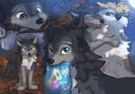  &lt;3 ... 2022 alpha_and_omega black_nose blush canid canine canis digital_media_(artwork) duo feral fur green_eyes grey_body grey_fur hi_res humphrey hyilpi leaf light lighting looking_at_viewer mammal mouth_hold shaded smile white_body white_fur wolf 