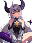  1girl ahoge ayataka_(milk9tomo) bare_shoulders black_horns blush braid closed_mouth collarbone detached_sleeves highres hololive horns indian_style la+_darknesss legs long_hair looking_at_viewer multicolored_hair pointy_ears purple_hair purple_legwear shiny shiny_hair silver_hair single_thighhigh sitting slit_pupils smile solo streaked_hair striped striped_horns tail thighhighs very_long_hair virtual_youtuber yellow_eyes 