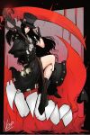  1other absurdres androgynous ascot asymmetrical_gloves asymmetrical_sleeves bare_shoulders black_hair black_headwear buttons commission domesticvamp fingerless_gloves full_body gloves guilty_gear guilty_gear_strive hat highres long_hair red_eyes scythe skull testament_(guilty_gear) top_hat 