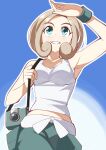  1girl arm_up armpits belt blonde_hair breasts camera capri_pants eyelashes green_eyes green_pants green_wristband highres long_hair nozumu pants pokemon pokemon_(game) pokemon_xy shirt sleeveless sleeveless_shirt smile solo viola_(pokemon) white_belt white_shirt wristband 