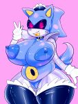 absurd_res anthro bell bell_collar big_breasts blue_body breasts clothed clothing collar eulipotyphlan fangs female genitals gesture gloves handwear hedgehog hi_res legwear machine maid_headdress mammal metal_sonic nipples nude partially_clothed pukemilked pussy red_eyes robot sega smile solo sonic_the_hedgehog sonic_the_hedgehog_(series) stockings thigh_highs v_sign 