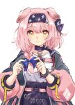  animal_ears arknights bangs black_jacket black_skirt blue_bow blush bow braid cat_ears closed_mouth commentary_request eyebrows_visible_through_hair goldenglow_(arknights) hair_between_eyes hair_bow hair_over_shoulder highres jacket lightning_bolt_print long_hair long_sleeves looking_at_viewer nanatsuka open_clothes open_jacket pink_hair puffy_long_sleeves puffy_sleeves shirt simple_background single_braid skirt white_background white_shirt yellow_eyes 