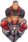  1boy abs bag bara belt biceps black_hair bulge buzz_cut crop_top cube facial_hair gloves grey_hair gyee highres jack_(gyee) jacket looking_at_viewer male_focus manly mizuki_gai muscular muscular_male navel official_art open_clothes open_jacket pants pectoral_cleavage pectorals shoes short_hair sitting smile solo stubble thick_arms thick_thighs thighs transparent_background unzipped very_short_hair yellow_eyes 