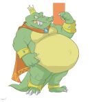  2022 absurd_res anthro belly big_belly canson cape claws clothing crocodilian crown donkey_kong_(series) fangs gesture green_body green_skin hi_res jewelry king_k._rool kremling looking_at_viewer male navel nintendo outie_navel overweight plantigrade pointing pointing_at_self reptile scalie sharp_teeth simple_background solo teeth tongue tongue_out video_games yellow_body yellow_skin 